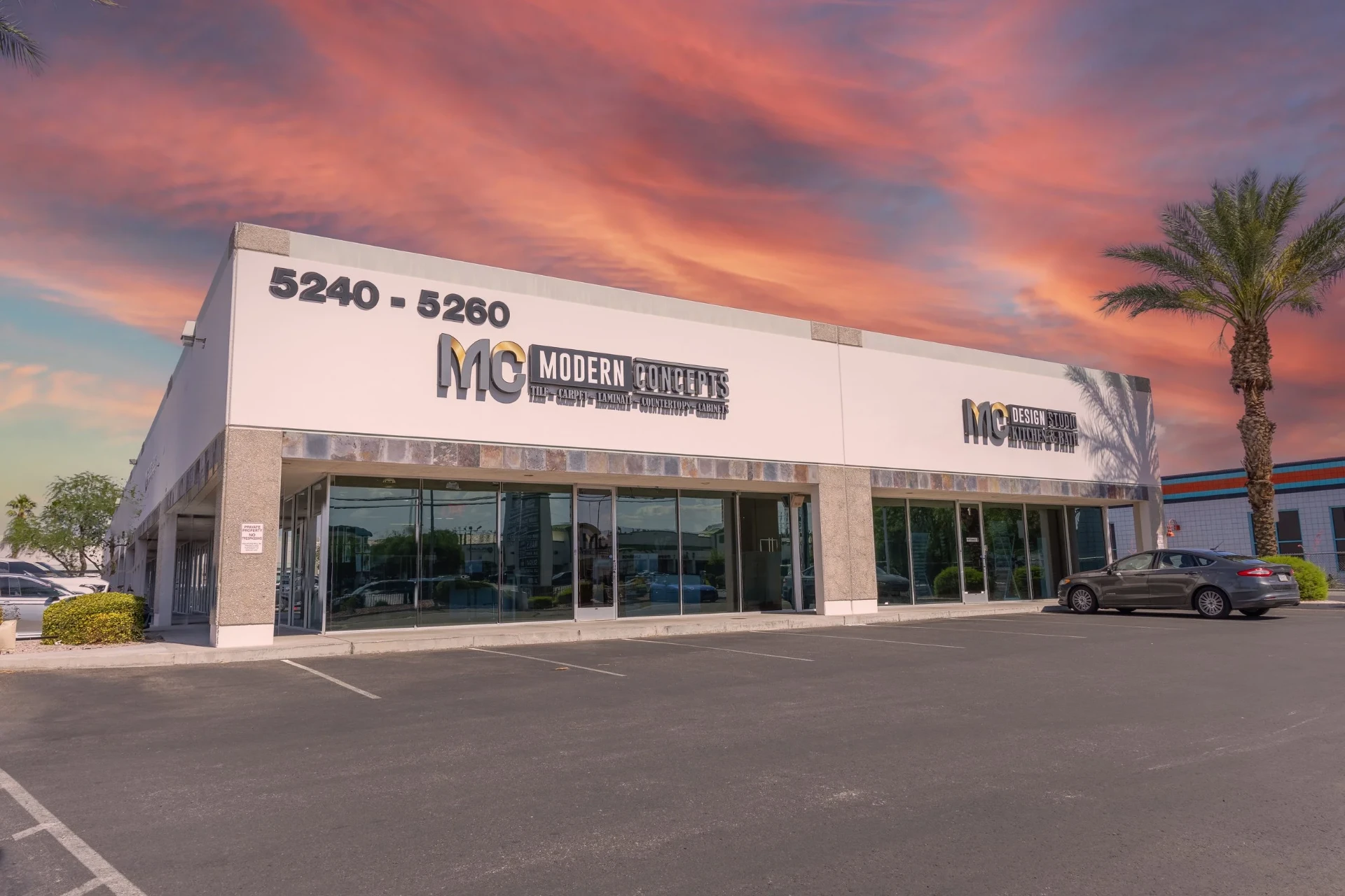 The Modern Concepts Design showroom on S Decatur Blvd in Las Vegas at sunset